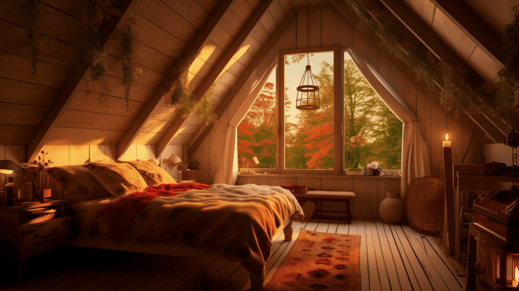 Маленькая спальня на чердаке дачного домика на закате осенью